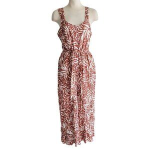 JAPNA Deep Orange Print Midi Button Front Smocked Back Belted Dress M